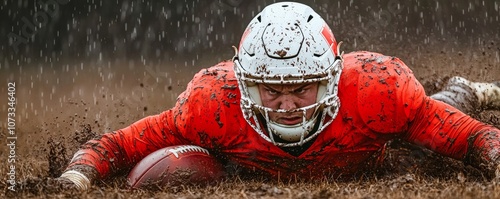 An athlete competes in a muddy football game, showcasing determination and skill in challenging weather conditions. photo