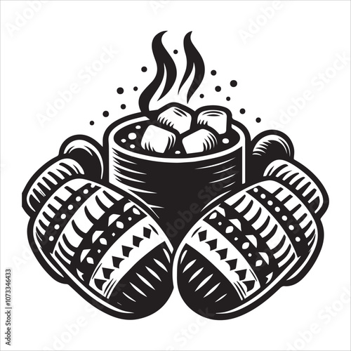 Warm up with this cozy mug of hot cocoa and mittens. A steaming mug of hot chocolate with marshmallows, embraced by a pair of cozy patterned mittens.