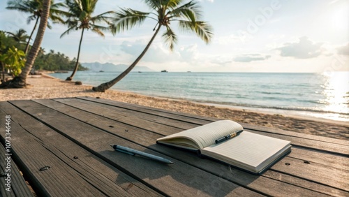 Fototapeta Naklejka Na Ścianę i Meble -  A notebook and pen on a wooden table overlooking the ocean with palm trees in the background.