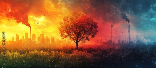 A solitary tree stands tall amidst a smog-filled sky, symbolizing resilience in the face of environmental challenges.