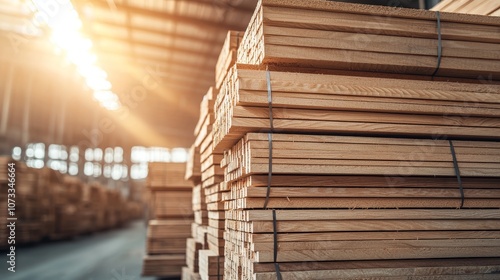 Stacked wooden planks in a well-lit warehouse, showcasing the craftsmanship and materials used in construction.