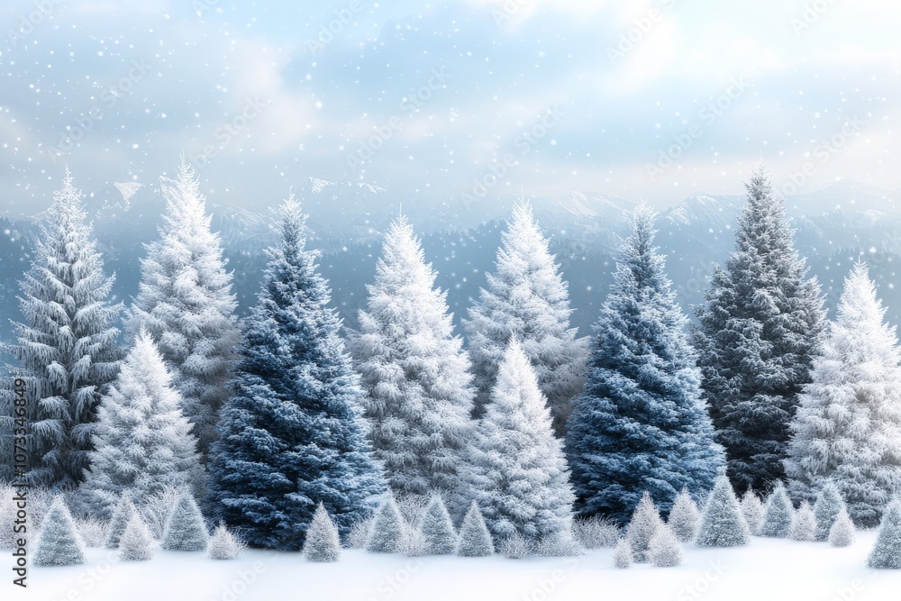 Snowy Christmas tree landscape with a row of trees in a soft blue tinted winter scene evoking peaceful holiday ambiance and frosty charm Snowy Christmas tree landscape with a row of trees in a soft blue tinted winter scene evoking peaceful holiday ambiance and frosty charm
