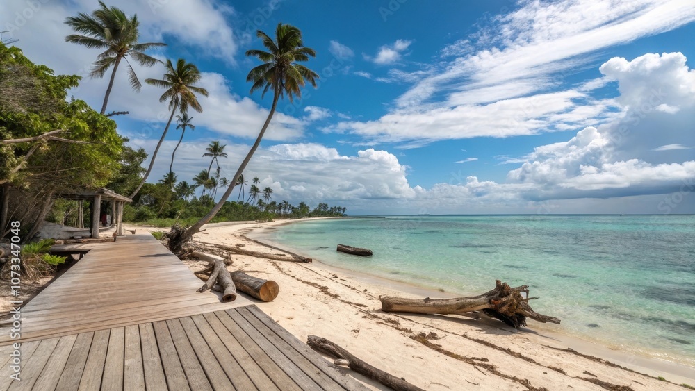Fototapeta premium A wooden boardwalk leads to a pristine white sand beach with turquoise waters and towering palm trees under a bright blue sky with fluffy white clouds.