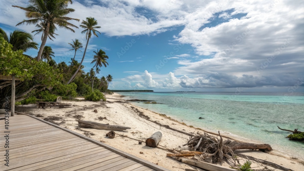 Fototapeta premium A wooden boardwalk leads to a secluded tropical beach with turquoise water, palm trees, and a cloudy sky