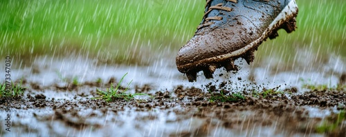 A close-up of a muddy soccer cleat splashing through rain-soaked grass, capturing the essence of intense outdoor sports.