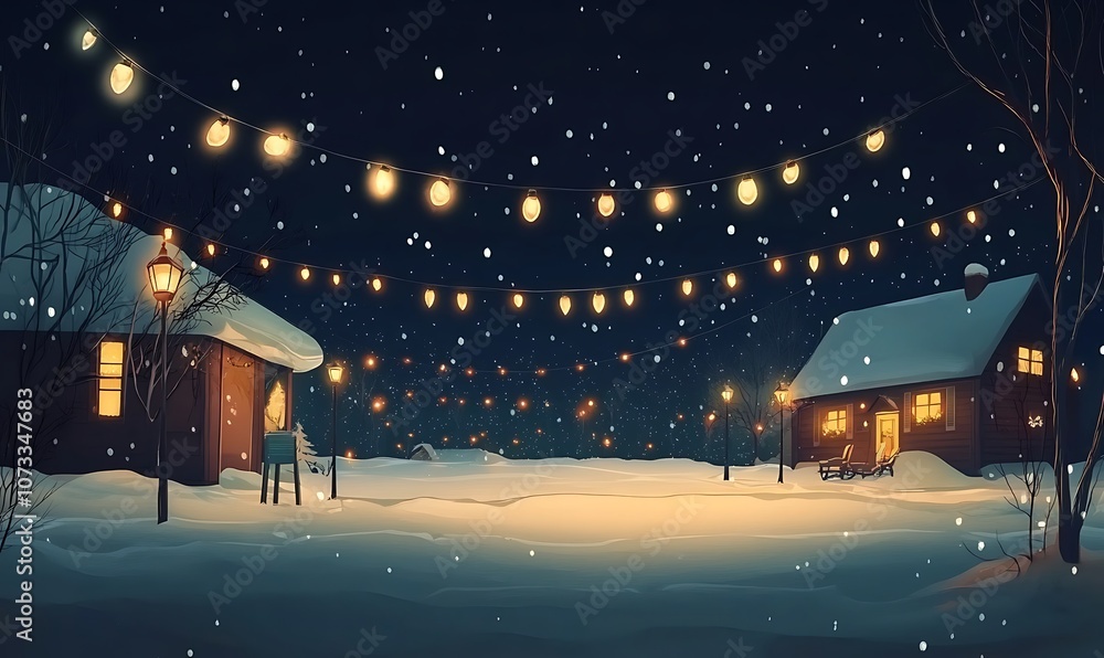 Fototapeta premium A serene winter night scene with snow, cozy houses, and glowing lights.