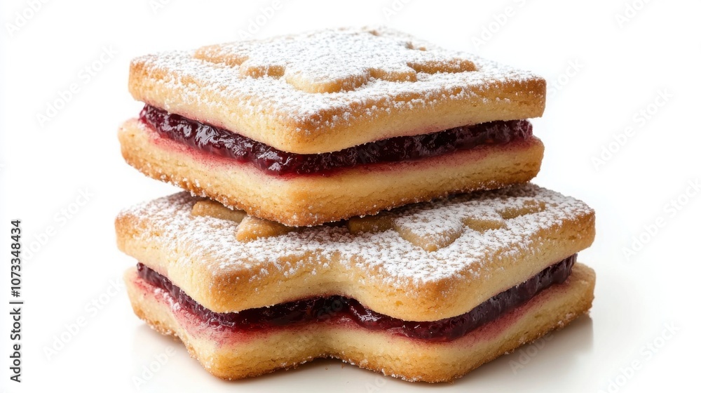 Two stacked cookie squares with jam filling, dusted with powdered sugar, presented on a clean background. Two stacked cookie squares with jam filling, dusted with powdered sugar, presented on a clean background.