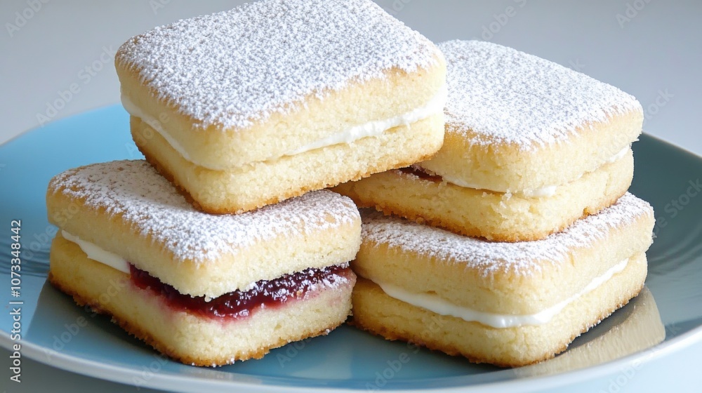 A close-up of soft, square-shaped treats dusted with powdered sugar, featuring strawberry jam filling, displayed on a blue plate. A close-up of soft, square-shaped treats dusted with powdered sugar, featuring strawberry jam filling, displayed on a blue plate.