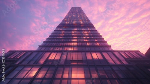 Wallpaper Mural A tall skyscraper with glass windows is illuminated by the setting sun, creating a warm glow. The sky is a vibrant pink and orange. Torontodigital.ca