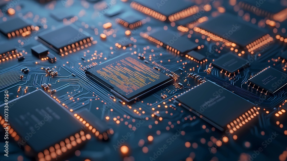 Obraz premium Microchip and circuit texture, forming a dense, intricate abstract pattern for backgrounds, tech displays, and industry-related promotional visuals