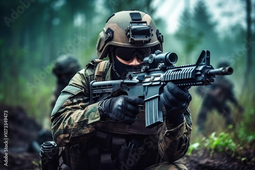 Chinese soldier in tactical gear takes aim with rifle during a military training exercise in a dense forest environment