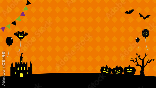 風船とチェック模様のハロウィンバナー背景_フルHDサイズ_16.9