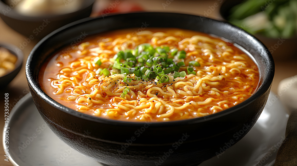 Photo-realistic bowl of spicy kimchi ramen soup on a vibrant yellow background, capturing the rich colors and textures of the noodles, broth, and kimchi; the image emphasizes the appetizing blend of f Photo-realistic bowl of spicy kimchi ramen soup on a vibrant yellow background, capturing the rich colors and textures of the noodles, broth, and kimchi; the image emphasizes the appetizing blend of f