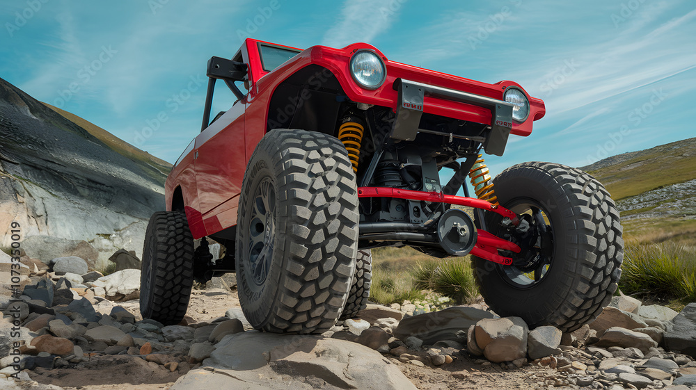 A red off-road vehicle navigating rocky terrain under a bright sky in a rugged landscape during daylight hours A red off-road vehicle navigating rocky terrain under a bright sky in a rugged landscape during daylight hours