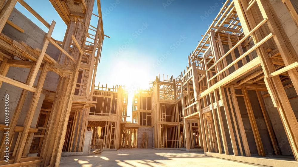 Modern houses under construction with wooden scaffolding and bright sunlight shining in the background on a clear day Modern houses under construction with wooden scaffolding and bright sunlight shining in the background on a clear day