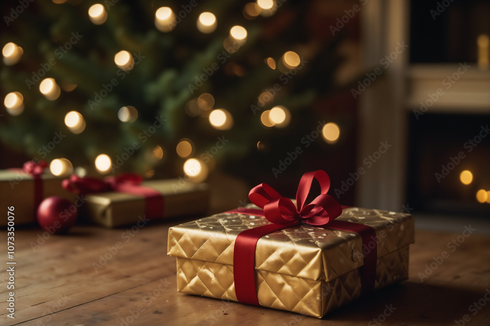 Elegant Golden Christmas Gift Box with Red Ribbon in Front of Blurred Holiday Tree and Warm Lights Elegant Golden Christmas Gift Box with Red Ribbon in Front of Blurred Holiday Tree and Warm Lights