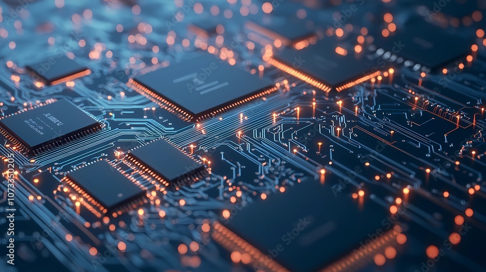 Abstract tech-themed background with microchip textures and connecting circuits, ideal for software presentations, web design, or promotional materials Abstract tech-themed background with microchip textures and connecting circuits, ideal for software presentations, web design, or promotional materials