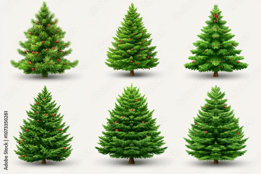 Obraz premium Array of artificial pine trees with different shades and sizes on a plain white background symbolizing diverse holiday decor choices