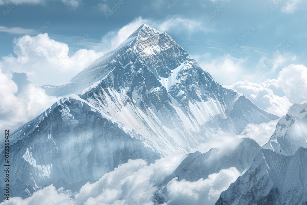 Snowy mountain peaks with blue sky. Neural network ai generated art Snowy mountain peaks with blue sky. Neural network ai generated art