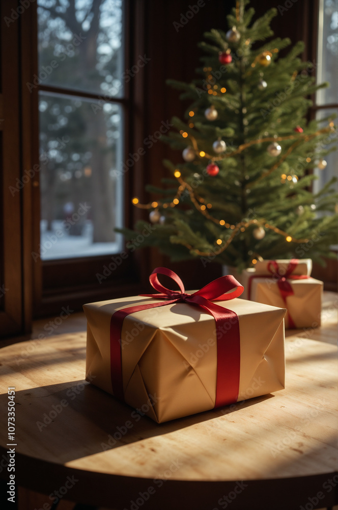 Warm and Cozy Holiday Scene with Wrapped Christmas Presents and Festive Tree Warm and Cozy Holiday Scene with Wrapped Christmas Presents and Festive Tree