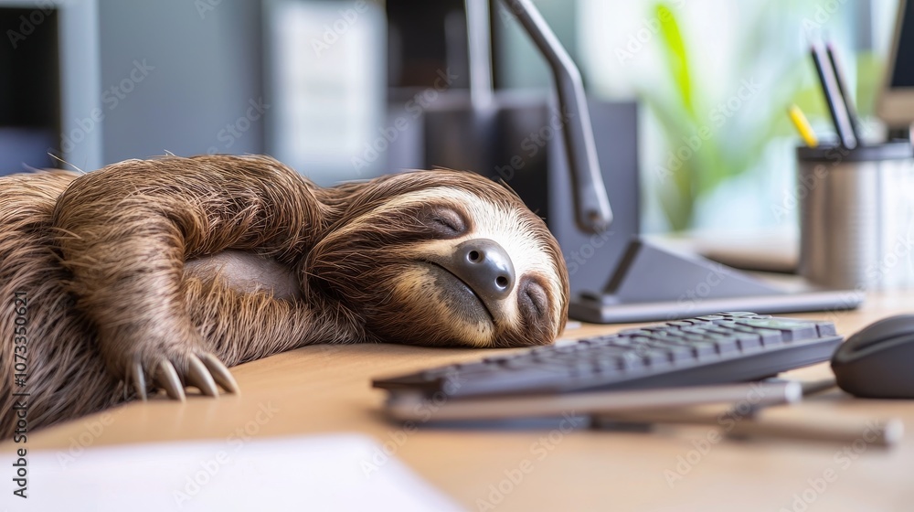 Obraz premium A relaxed sloth peacefully resting near a computer keyboard, embodying a serene and laid-back lifestyle in a modern office setting.