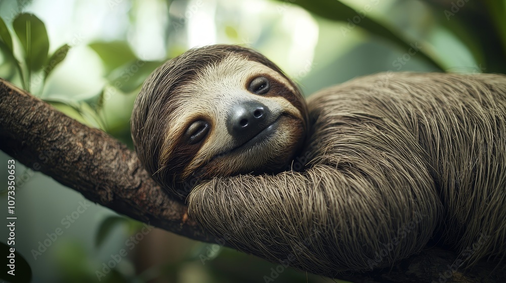 A relaxed sloth resting on a branch, surrounded by lush greenery, showcasing the tranquility of wildlife in its natural habitat. A relaxed sloth resting on a branch, surrounded by lush greenery, showcasing the tranquility of wildlife in its natural habitat.