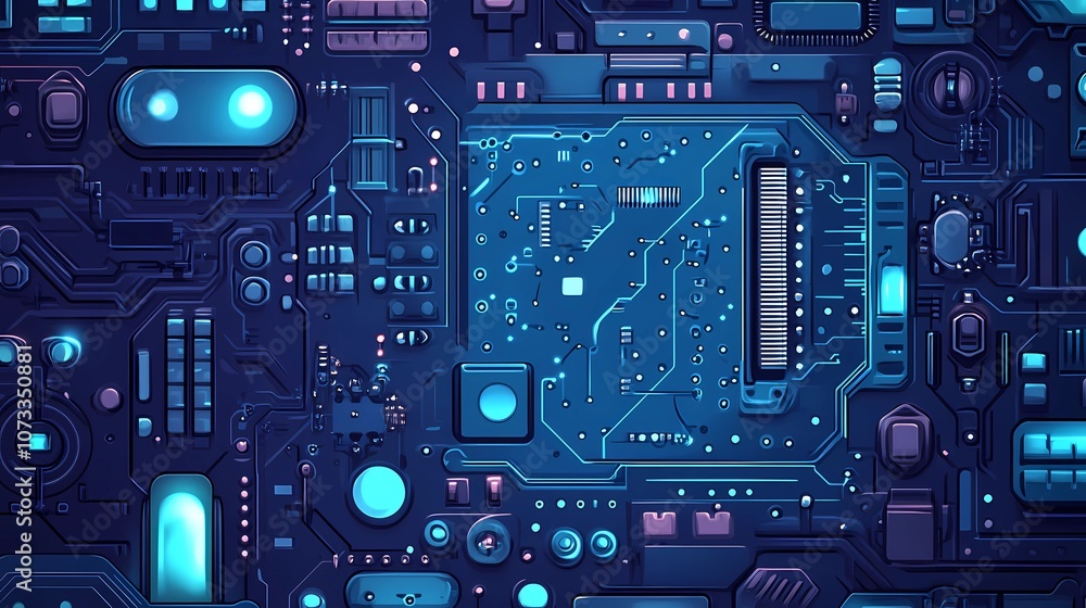 Fototapeta premium Abstract tech-themed background with microchip textures and connecting circuits, ideal for software presentations, web design, or promotional materials