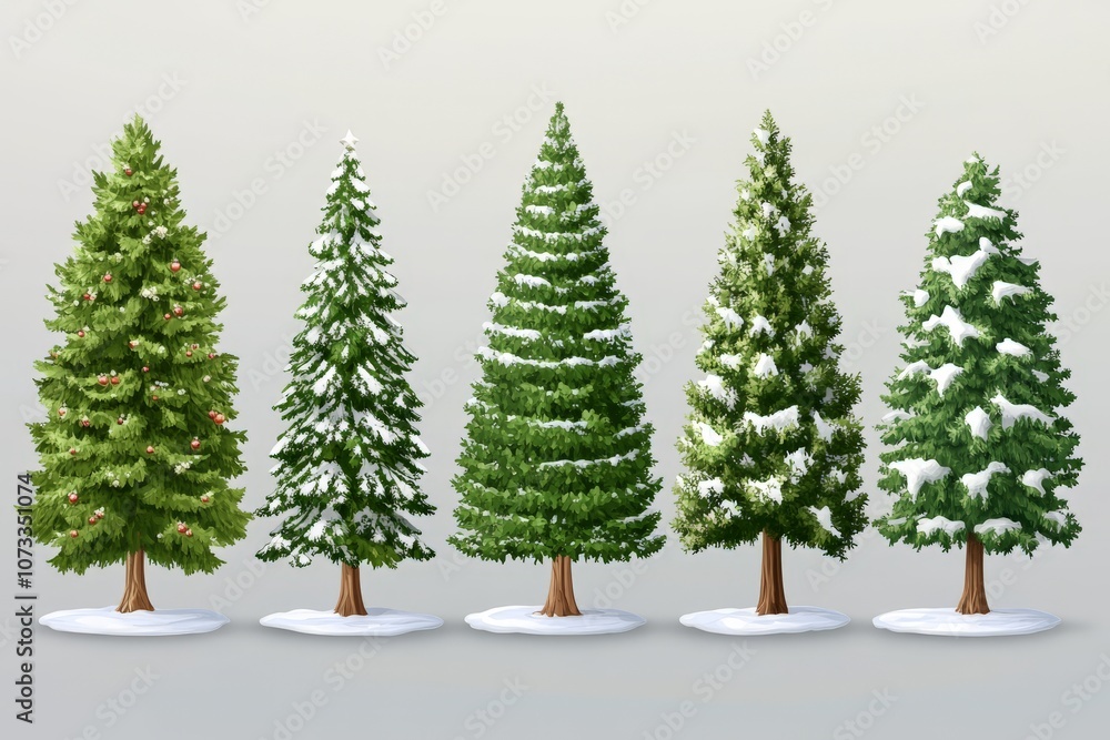 Obraz premium Christmas display of frosted and green trees with star toppers set on white bases for a minimalist indoor holiday arrangement