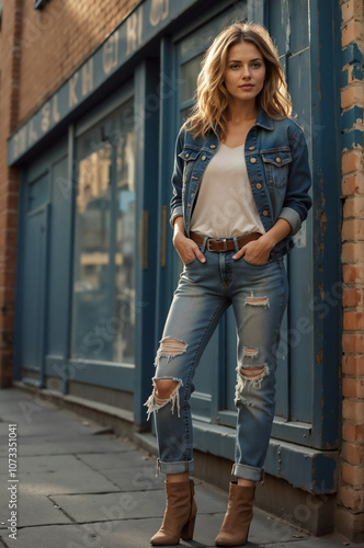 Fashionable Young Woman in Denim Outfit Posing on Urban Street