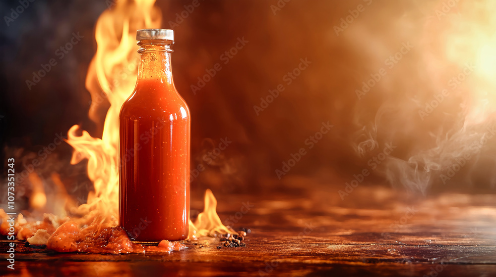 A vibrant hot sauce bottle surrounded by flames on a rustic surface, captured in a sleek studio setting for a striking culinary advertisement A vibrant hot sauce bottle surrounded by flames on a rustic surface, captured in a sleek studio setting for a striking culinary advertisement