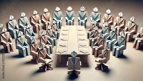 Origami Business Meeting with Abstract Paper Figures Around a Conference Table