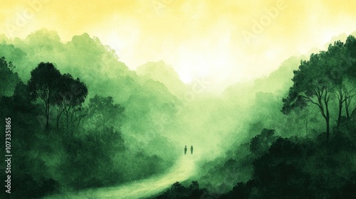 Wallpaper Mural Two figures walk along a misty path surrounded by lush green forest under a yellow sky, AI Torontodigital.ca