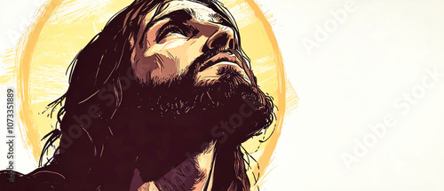 Portrait of Jesus with a halo, showcasing detailed hand-drawn illustration in black and beige, highlighting intricate features and composition photo