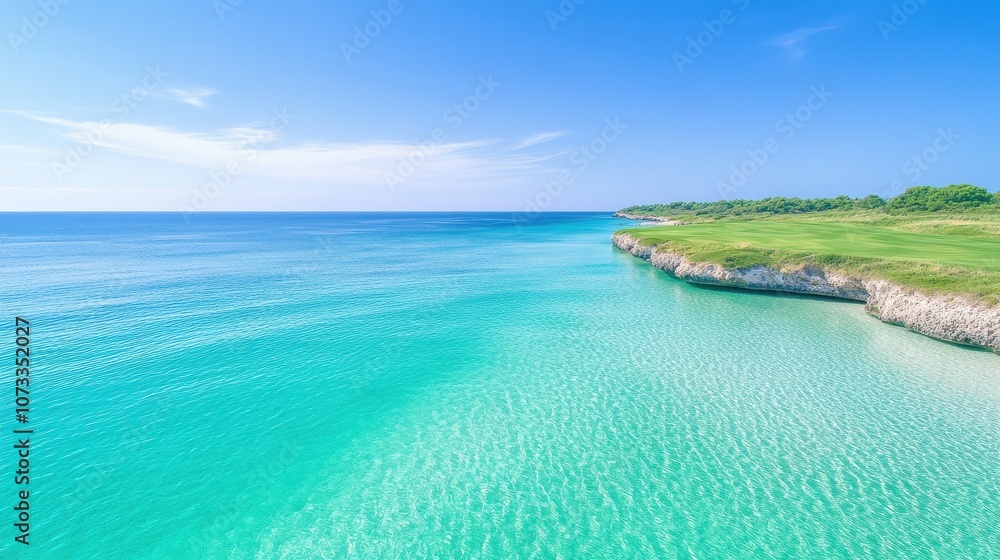 A beautiful blue ocean with a sandy beach and a golf course in the background A beautiful blue ocean with a sandy beach and a golf course in the background