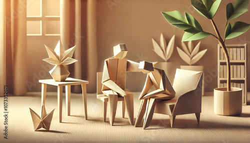 Comforting moment between two origami figures in a warm, minimalist room with plants and soft sunlight