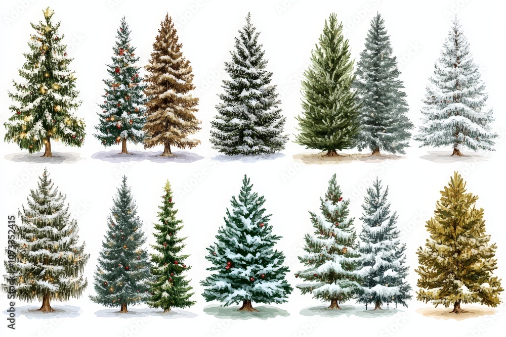 Assortment of frosted Christmas trees in various sizes and hues placed against a white background for a natural winter decor arrangement Assortment of frosted Christmas trees in various sizes and hues placed against a white background for a natural winter decor arrangement