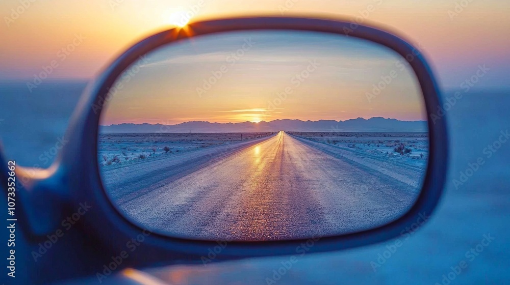 Reflecting sunset view from a car side mirror on a long open road during evening hours near distant mountains Reflecting sunset view from a car side mirror on a long open road during evening hours near distant mountains