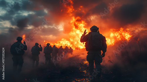 A group of special forces soldiers saluting each other in the battlefield, showcasing camaraderie, discipline, and respect among elite military personnel; the image captures the unity and strength of 