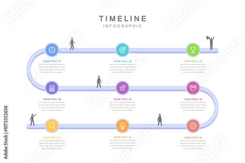 Infographic elements, Business concept Timeline 9 steps, workflow layout, icons, diagram, report, web design. Creative, marketing data, vector