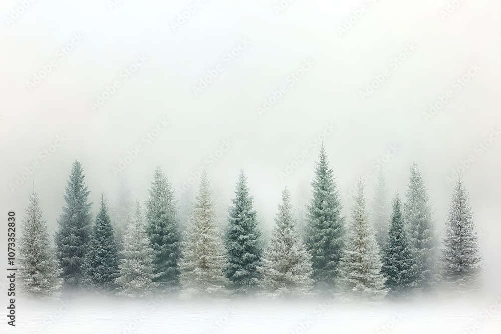 Foggy landscape with a line of tall dense evergreen trees creating a mysterious and tranquil winter scene with mist and shadowed silhouettes Foggy landscape with a line of tall dense evergreen trees creating a mysterious and tranquil winter scene with mist and shadowed silhouettes
