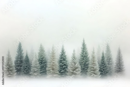 Foggy landscape with a line of tall dense evergreen trees creating a mysterious and tranquil winter scene with mist and shadowed silhouettes