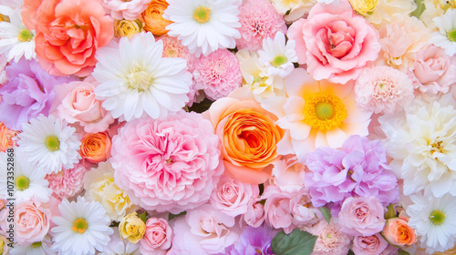 blossom flowers blooming floral festive bouquet wall fashion pink purple white background. 3D fashion pastel beautiful card wallpaper