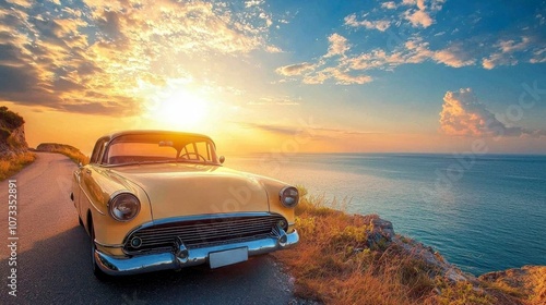 Vintage yellow car parked on a coastal road during sunset by the ocean