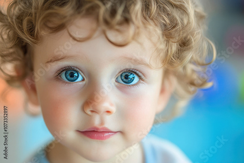 Adorable young child with curly hair and striking blue eyes, looking directly into the camera with a soft focus background.