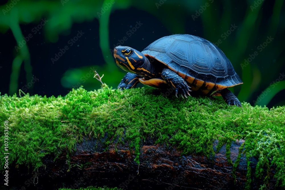 Fototapeta premium A serene turtle resting on a moss-covered log in a tranquil aquatic environment.