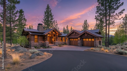 Wallpaper Mural Charming log cabin nestled in serene forest with vibrant sunset sky illuminated by warm tones and surrounded by tall pine trees in tranquil setting Torontodigital.ca