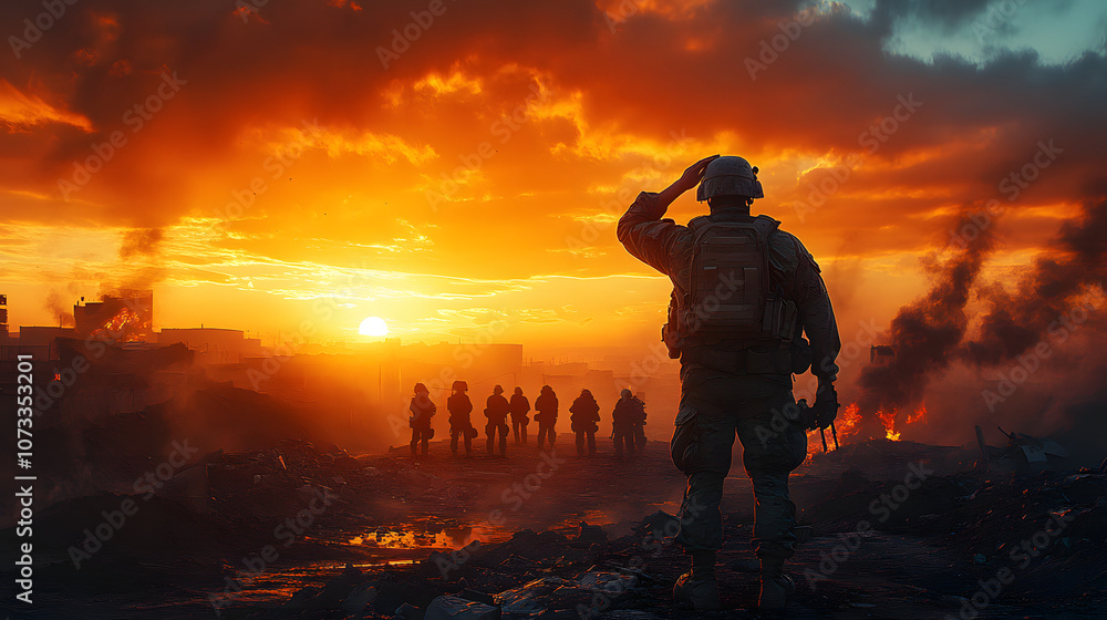 A group of special forces soldiers saluting each other in the battlefield, showcasing camaraderie, discipline, and respect among elite military personnel; the image captures the unity and strength of A group of special forces soldiers saluting each other in the battlefield, showcasing camaraderie, discipline, and respect among elite military personnel; the image captures the unity and strength of