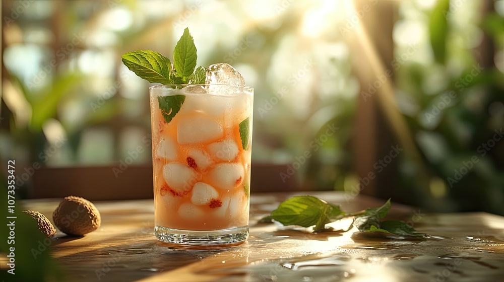 Refreshing summer drink with ice and mint garnished in a tall glass on a wooden table with sun beams shining through. Refreshing summer drink with ice and mint garnished in a tall glass on a wooden table with sun beams shining through.