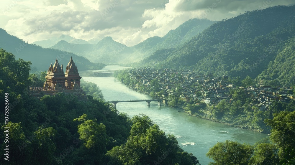 Fototapeta premium Serene view of a temple nestled on a hill overlooking a town and winding river, surrounded by lush greenery.