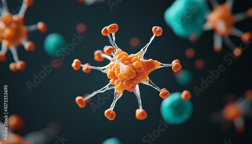 3D rendering of a virus, showcasing its intricate structure and vibrant colors. photo